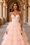 Blush Ball Gown Corset Tulle Ruffled Long Formal  Dress with Lace
