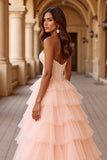 Blush Ball Gown Corset Tulle Ruffled Long Formal  Dress with Lace