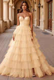Blush Ball Gown Corset Tulle Ruffled Long Formal  Dress with Lace