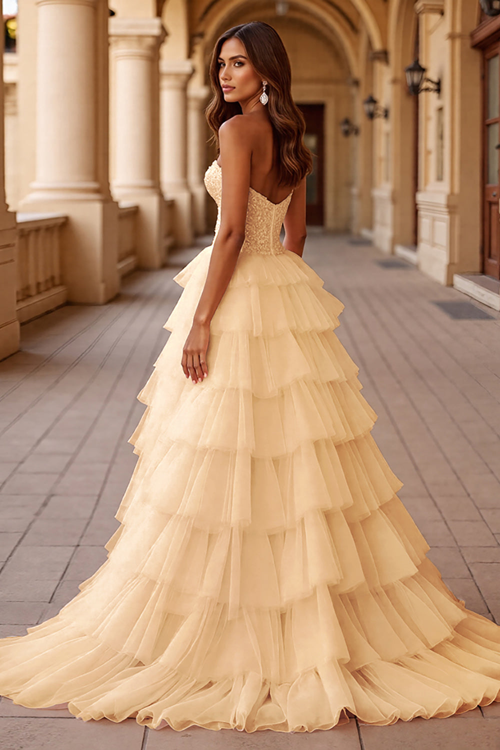 Blush Ball Gown Corset Tulle Ruffled Long Formal  Dress with Lace