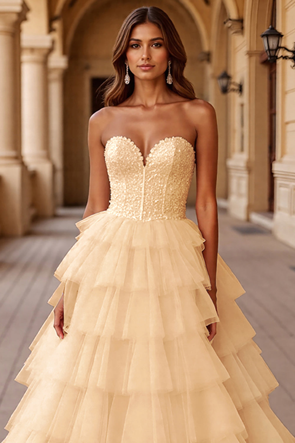 Blush Ball Gown Corset Tulle Ruffled Long Formal  Dress with Lace
