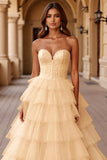 Blush Ball Gown Corset Tulle Ruffled Long Formal  Dress with Lace