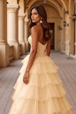Blush Ball Gown Corset Tulle Ruffled Long Formal  Dress with Lace