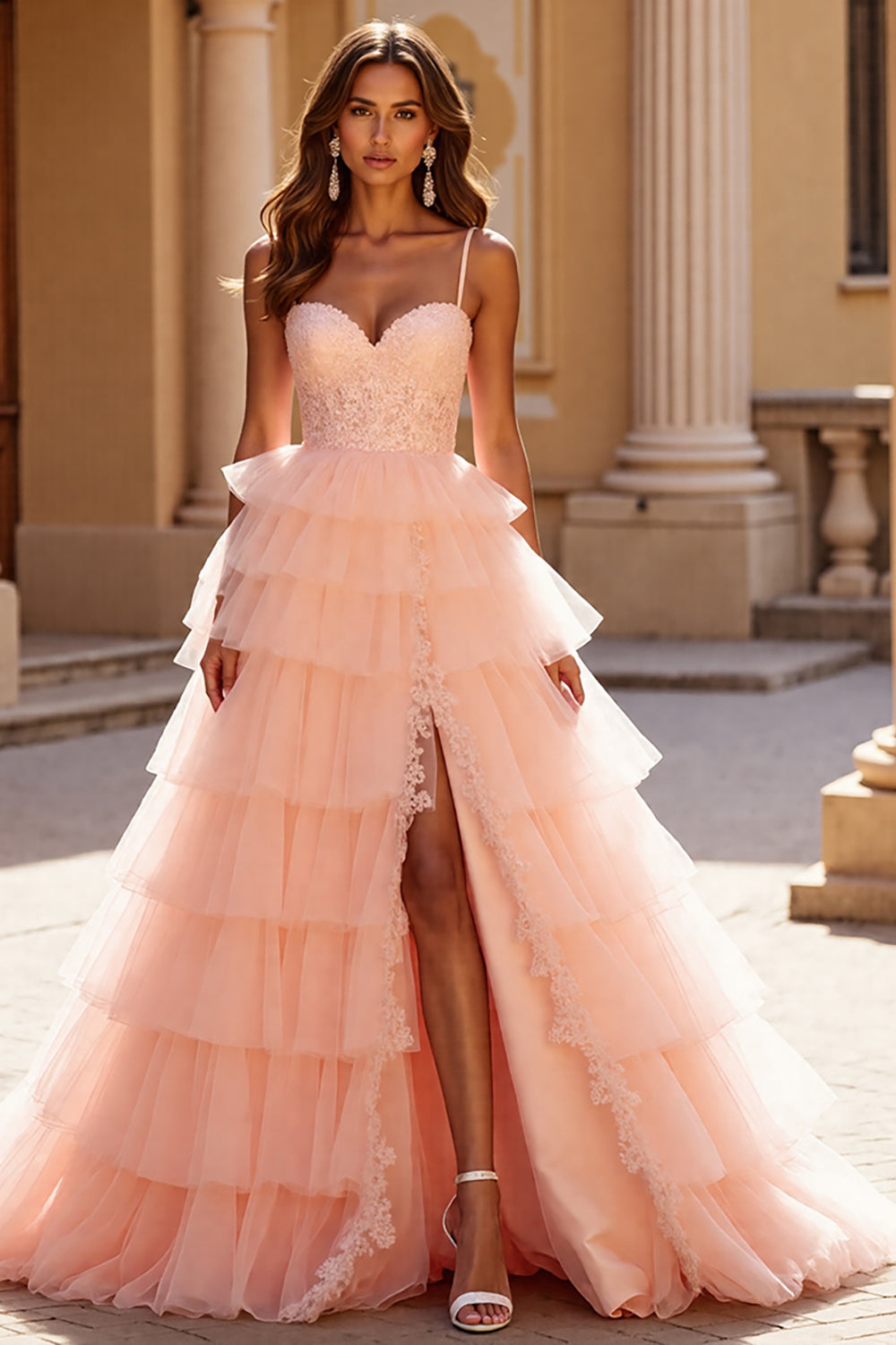 Blush Ball Gown Tulle Ruffled Long Formal Dress with Lace