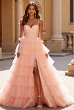 Blush Ball Gown Tulle Ruffled Long Formal Dress with Lace