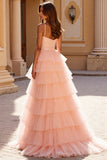 Blush Ball Gown Tulle Ruffled Long Formal Dress with Lace