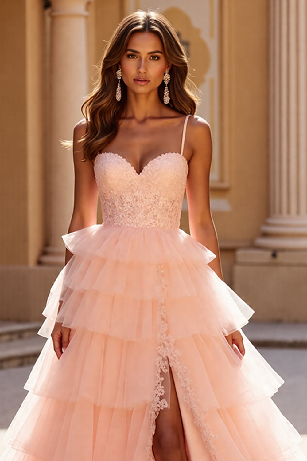 Blush Ball Gown Tulle Ruffled Long Formal Dress with Lace