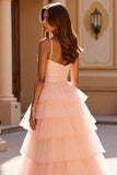 Blush Ball Gown Tulle Ruffled Long Formal Dress with Lace