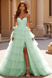 Blush Ball Gown Tulle Ruffled Long Formal Dress with Lace