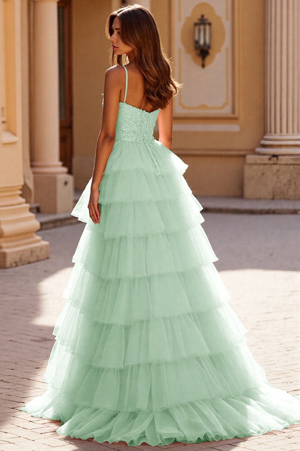 Blush Ball Gown Tulle Ruffled Long Formal Dress with Lace