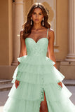 Blush Ball Gown Tulle Ruffled Long Formal Dress with Lace