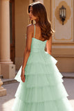 Blush Ball Gown Tulle Ruffled Long Formal Dress with Lace