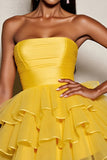 Yellow A Line Tulle Tiered Strapless Short Cocktail Dress