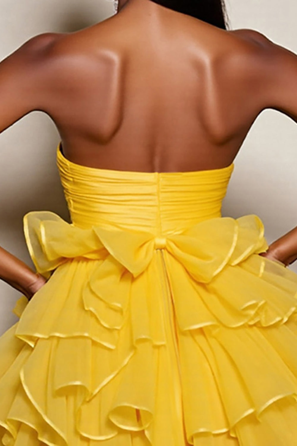 Yellow A Line Tulle Tiered Strapless Short Cocktail Dress