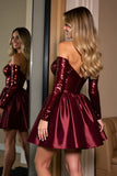Sparkly Burgundy Corset Long Sleeves A Line Short Cocktail Dress