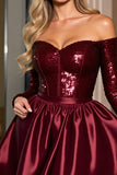 Sparkly Burgundy Corset Long Sleeves A Line Short Cocktail Dress