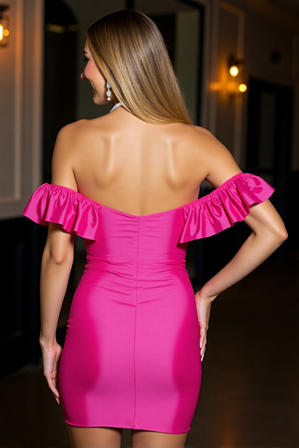 Fuchsia Satin Bodycon Off The Shoulder Mini Cocktail Dress