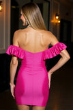 Fuchsia Satin Bodycon Off The Shoulder Mini Cocktail Dress