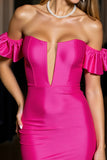 Fuchsia Satin Bodycon Off The Shoulder Mini Cocktail Dress