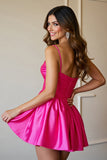 Fuchsia One Shoulder Ruched Short Cocktail Dress with 3D Flowers