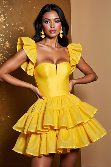 Yellow Tiered A Line Satin Short Cocktail Dress with Ruffles