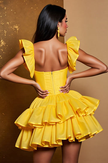 Yellow Tiered A Line Satin Short Cocktail Dress with Ruffles