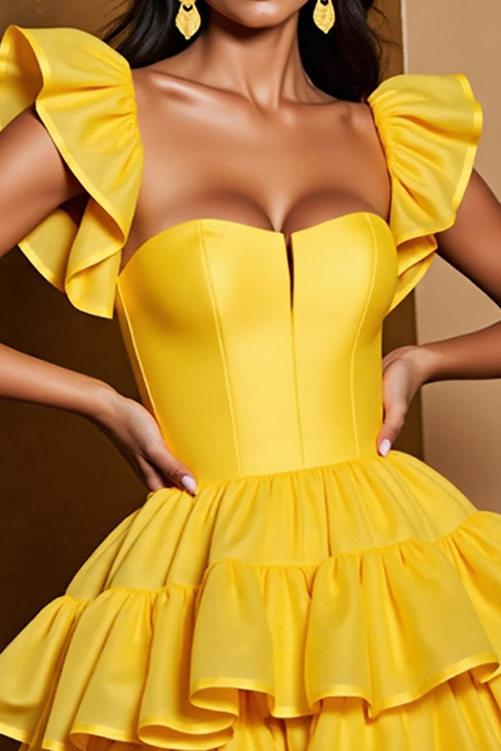 Yellow Tiered A Line Satin Short Cocktail Dress with Ruffles