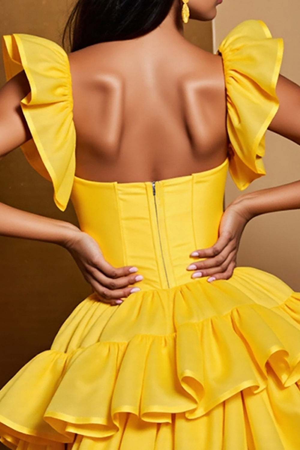 Yellow Tiered A Line Satin Short Cocktail Dress with Ruffles