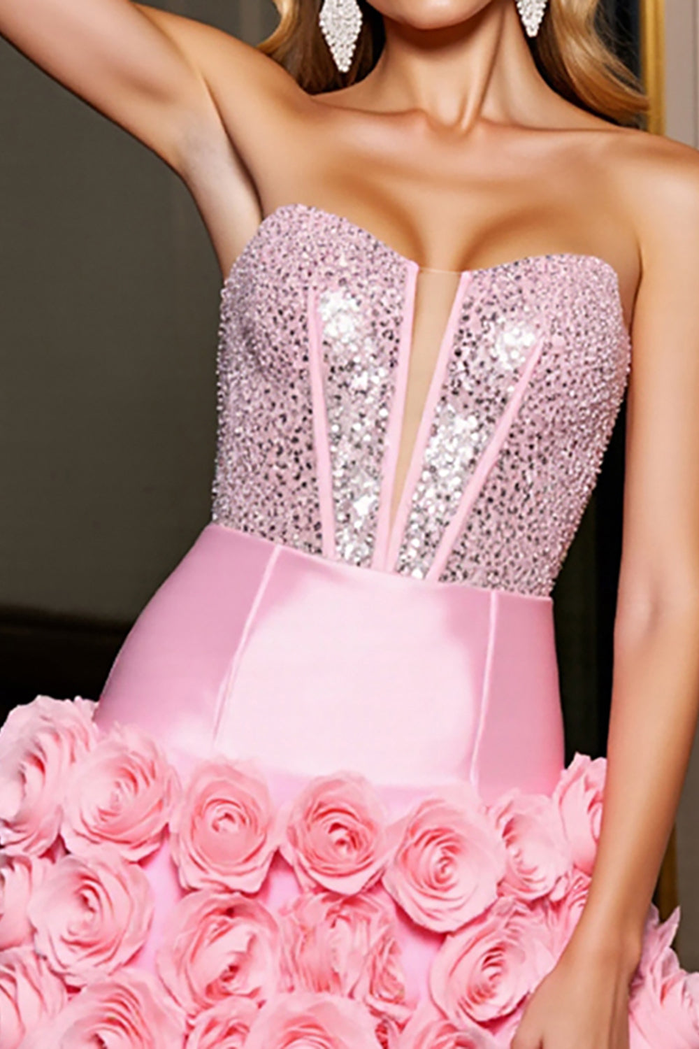 Sparkly Pink Satin Bodycon Beaded Short Cocktail Dress with 3D Flowers