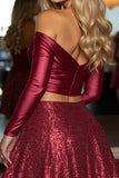 Sparkly Burgundy Corset Long Sleeves 2-Piece Short Cocktail Dress