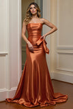 Orange Mermaid Strapless Satin Long Formal Dress with Bow