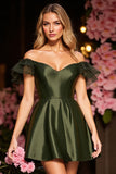 Off The Shoulder Satin Army Green Short Cocktail Dress