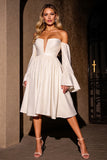 A Line Ivory Satin Long Sleeves Midi Cocktail Dress