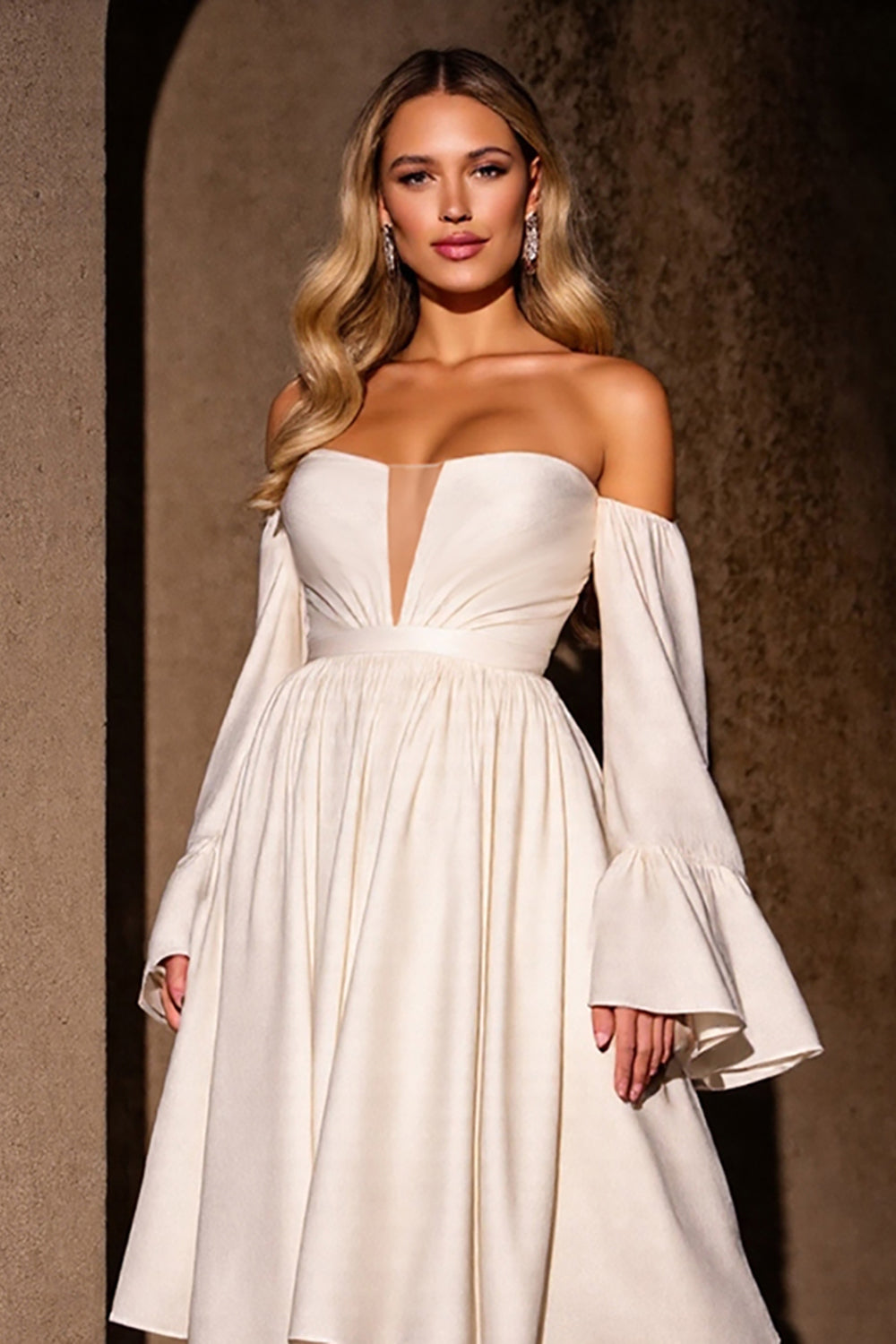 A Line Ivory Satin Long Sleeves Midi Cocktail Dress