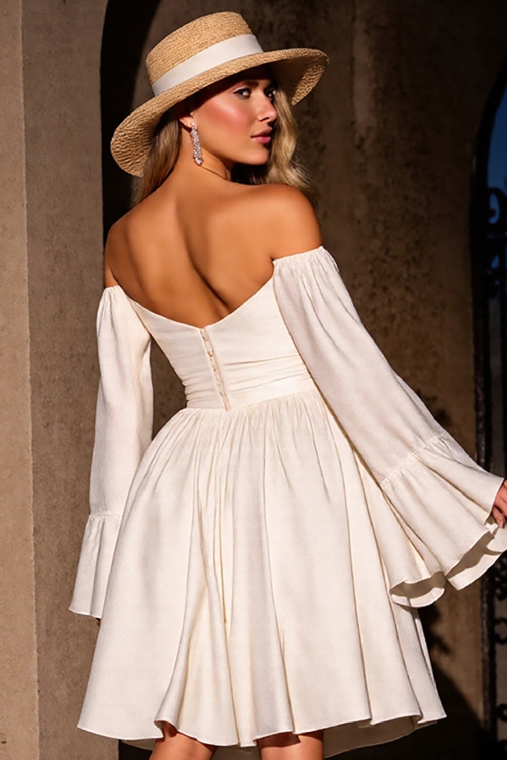 A Line Ivory Satin Long Sleeves Midi Cocktail Dress