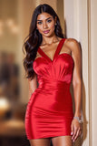 Red Bodycon Satin Halter Short Cocktail Dress
