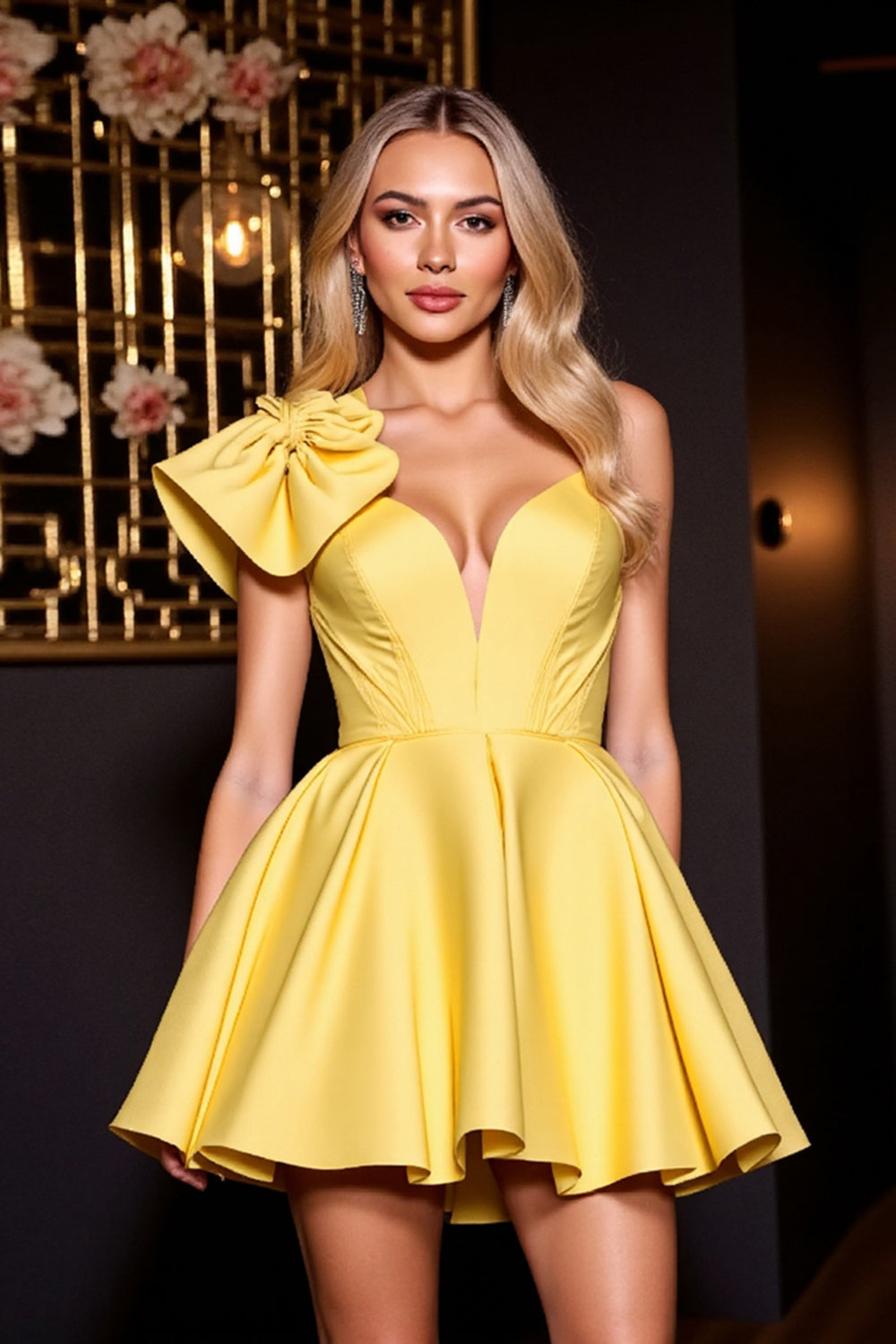 Yellow Satin A Line Spaghetti Straps Short Homecoming Dress