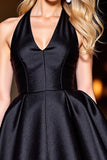 Corset Halter Black Satin A Line Short Cocktail Dress