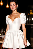 White Satin Corset A Line Short Graduation Dress with Sleeves