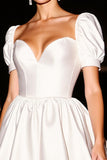 White Satin Corset A Line Short Graduation Dress with Sleeves