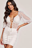 White Satin Bodycon Mini Cocktail Dress with Lace