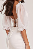 White Satin Bodycon Mini Cocktail Dress with Lace