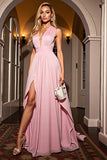 Pink Ruched V Neck A Line Long Formal Dress With Slit