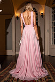 Pink Ruched V Neck A Line Long Formal Dress With Slit