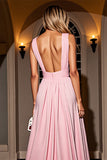 Pink Ruched V Neck A Line Long Formal Dress With Slit