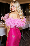 Fuchsia Ruched Off The Shoulder Homecoming Dress with Feathers