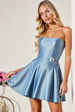 Blue Strapless Satin A Line Short Cocktail Dress
