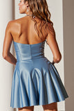 Blue Strapless Satin A Line Short Cocktail Dress