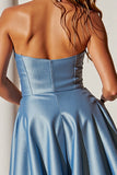 Blue Strapless Satin A Line Short Cocktail Dress