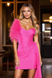 Fuchsia Ruched Satin Short Cocktail Dress with Feathers